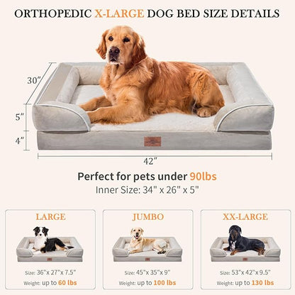 XL Dog Beds for Extra Large Dogs, Waterproof Orthopedic Dog Bed with Bolster, Washable Dog Bed Sofa with Removable Cover & Non-Slip Bottom(X-large,Beige)