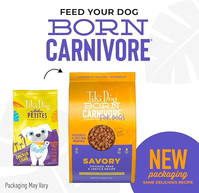 Tiki Dog Born Carnivore for Dogs, Savory Chicken, Peas & Lentils Recipe, Grain Free Baked Kibble for Maximum Nutrition, For Adult Dogs and All Size Breed Dogs, 3.5 lbs. Bag