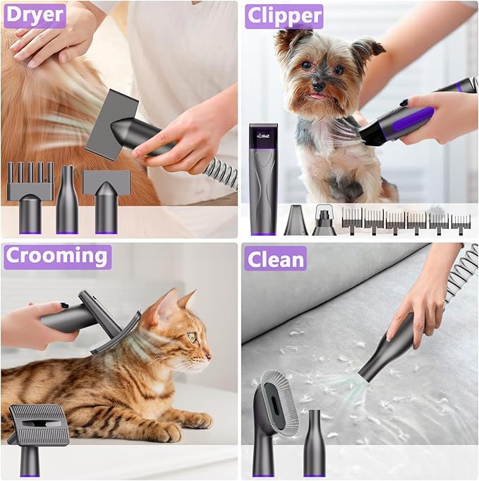 XiaZ Dog Grooming Vacuum Dryer with Clippers, 15 Kpa Dog Grooming Kit with Nail Grinder and Paw Trimmer, Hair Vacuum Groomer for Shedding Blowing Trimming Pet's Hair, 10 Pet Grooming Tools, Low-Noise