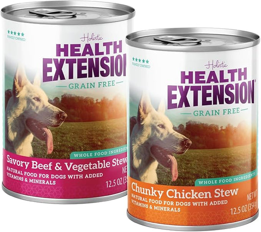 Health Extension Variety Pack of Wet Dog Food Chunky Chicken Stew Canned and Savory Beef & Vegetable Stew Canned - 12.5 Oz / 374g Each, Gluten & Grain-Free, Added Vitamins & Mineral