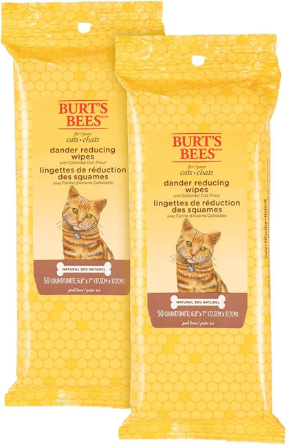 Burt's Bees for Pets Cat Naturally Derived Dander Reducing Wipes - Kitten and Cat Wipes for Grooming - Cruelty Free, Formulated without Sulfates and Parabens, Made in the USA, 50 Count - 2 Pack