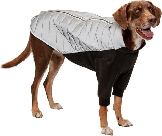 Furhaven Water-Repellent Large Dog Coat, Washable & Reflective w/ Leash Access & Stretch Fabric - Pro-Fit Active Jacket - Chrome, Large