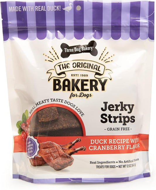 Three Dog Bakery From Our Kitchens Grain Free Meaty Filet Strips, Duck with Cranberries Flavor, Premium Treats for Dogs, 12 Ounce Resealable Pack, Brown
