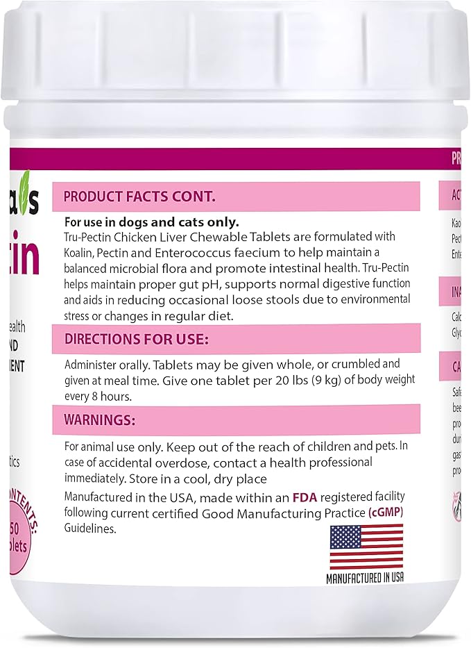 Tru-Pectin Anti-Diarrheal for Dogs & Cats, 250 Tablets– Chicken Liver Flavor –Helps Reduce Occasional Loose Stool & Diarrhea, Balance Gut pH, Support Normal Digestion & Gut Flora -Made in USA