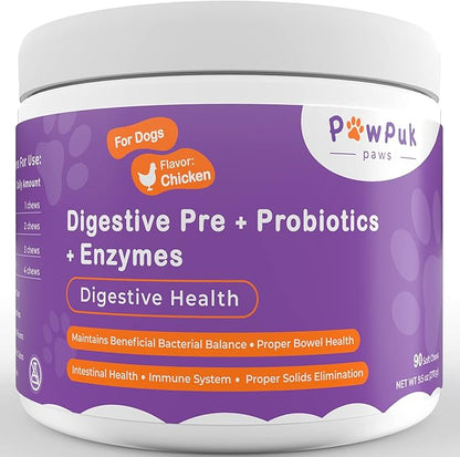 Digestive Supplements for Dogs, Vitamins, Inulin - Beneficial Bacterial Balance, Fiber, Probiotics - Healthy Gut Microbes, Bowel, Intestinal, Immune Support, Proper Solids Elimination
