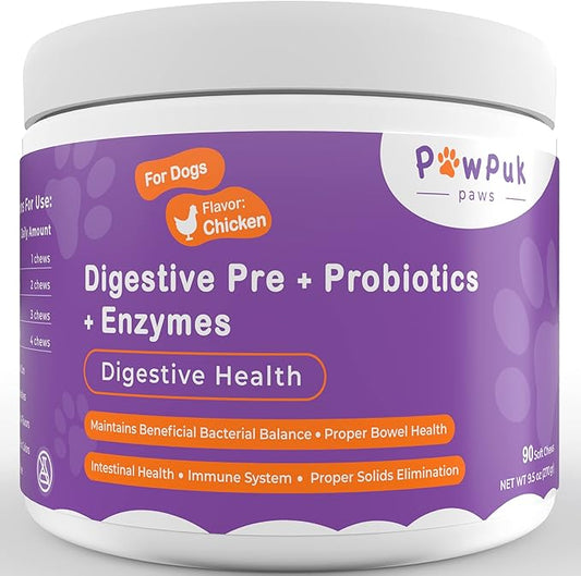 Digestive Supplements for Dogs, Vitamins, Inulin - Beneficial Bacterial Balance, Fiber, Probiotics - Healthy Gut Microbes, Bowel, Intestinal, Immune Support, Proper Solids Elimination