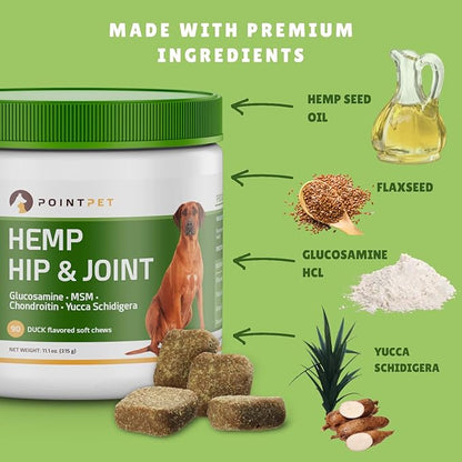 Hemp Hip and Joint Supplement for Dogs with Hemp Oil, Glucosamine Chondroitin, MSM, Omega 3&6, Promotes Healthy Normal Cartilage Development and Healthy Joints