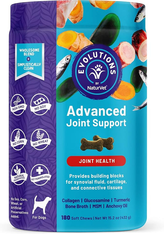 Evolutions by NaturVet Advanced Joint Support 180ct Soft Chews for Dogs - Anchovy Oil, Bone Broth, Collagen, Glucosamine, Turmeric, MSM - Helps Support Synovial Fluid, Cartilage, Connective Tissues