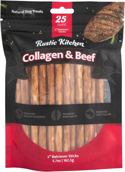 Collagen Chews for Dogs, Dog Chews Long Lasting, Rawhide Free, Retriever Sticks (Beef Flavored) 0.6cm - 25ct