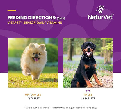 NaturVet –VitaPet Senior Daily Vitamins for Senior Dogs – Plus Glucosamine – Full Spectrum of Vitamins & Minerals – Enhanced with Glucosamine for Added Joint Support – 365 Time Release Tablets
