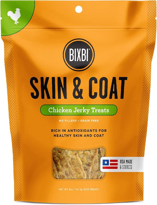 BIXBI Skin & Coat Support Chicken Jerky Dog Treats, 5 oz - USA Made Grain Free Dog Treats - Antioxidant Rich to Support Shiny, Full Bodied Coats - High in Protein, Whole Food Nutrition, No Fillers