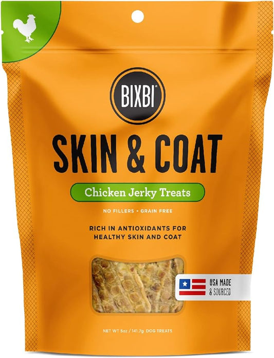 BIXBI Skin & Coat Support Chicken Jerky Dog Treats, 5 oz - USA Made Grain Free Dog Treats - Antioxidant Rich to Support Shiny, Full Bodied Coats - High in Protein, Whole Food Nutrition, No Fillers