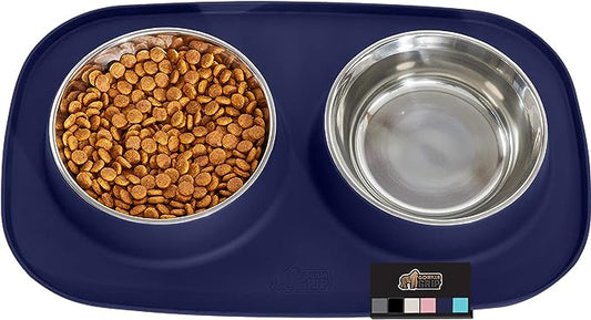 Gorilla Grip 100% Waterproof BPA Free Cat and Dog Bowls Silicone Feeding Mat Set, Stainless Steel Bowl Slip Resistant Raised Edges, Catch Water, Food Mess, No Spills, Pet Accessories, 4 Cup, Navy