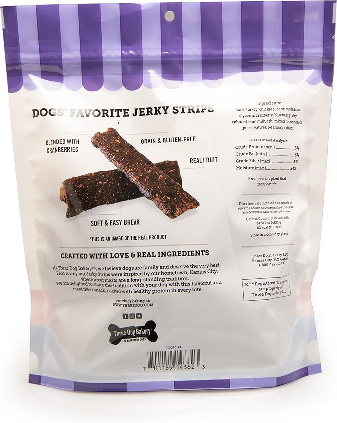 Three Dog Bakery From Our Kitchens Grain Free Meaty Filet Strips, Duck with Cranberries Flavor, Premium Treats for Dogs, 12 Ounce Resealable Pack, Brown