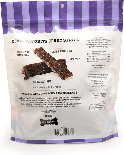 Three Dog Bakery From Our Kitchens Grain Free Meaty Filet Strips, Duck with Cranberries Flavor, Premium Treats for Dogs, 12 Ounce Resealable Pack, Brown