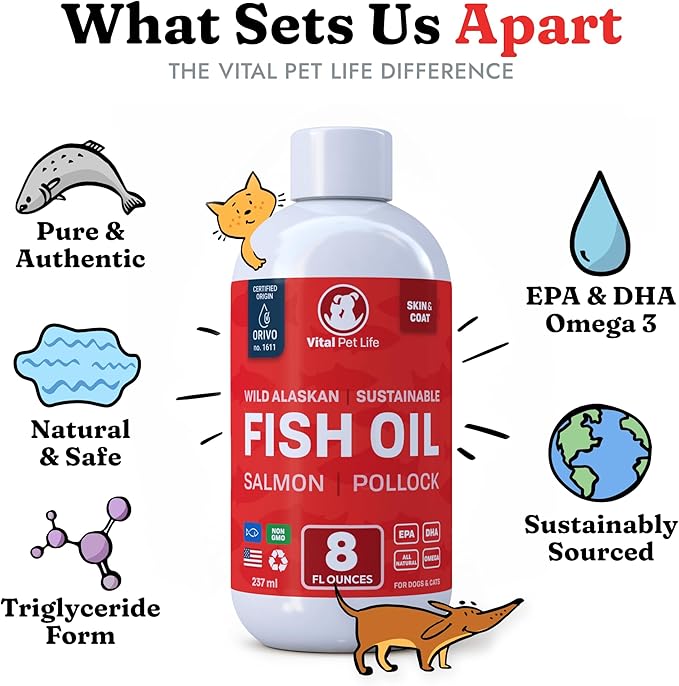 Fish Oil for Dogs - Healthy Skin & Coat, Salmon, Pollock, All Natural Supplement for Pets, Itching Scratching Allergy & Inflammation Defense, Omega 3 EPA DHA, Brain & Heart Health, 8 oz