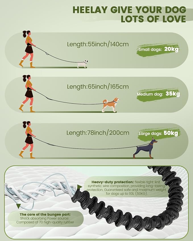 Hands Free Dog Leash for Medium and Large Dogs with Waist Belt Pouch,Dog Running Leash for Training Hiking Jogging Running Walking with Double Handle Bungee | Reflective Stitches Army Green