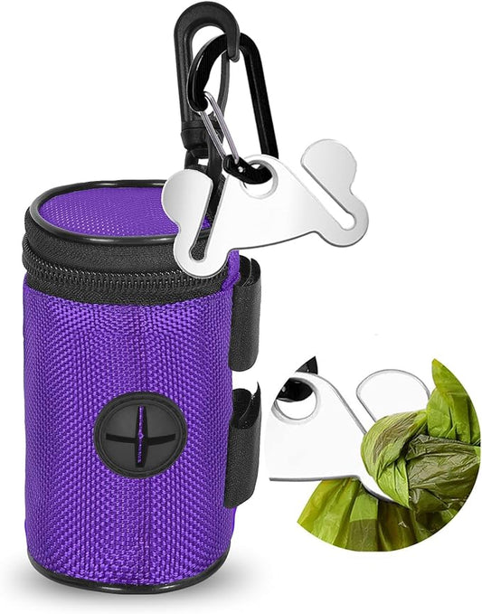 Dog Poop Bag Holder for Leash Attachment - Waste Bag Dispenser for Leash - Fits Any Dog Leash - Portable Set with Hand Free Holder Metal Carrier, Round Shape, Purple