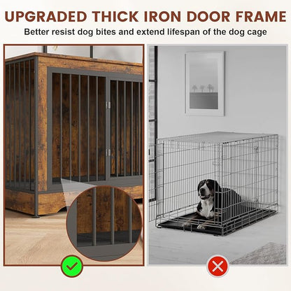 75 Inch 3-in-1 Large Double Dog Crate Furniture for 2 Dogs Durable Rustic Brown Dog Crate TV Stand with Trays and Divider