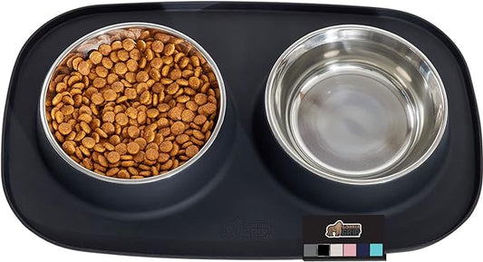 Gorilla Grip 100% Waterproof BPA Free Cat and Dog Bowls Silicone Feeding Mat Set, Stainless Steel Bowl Slip Resistant Raised Edges, Catch Water, Food Mess, No Spills, Pet Accessories, 3 Cup, Black