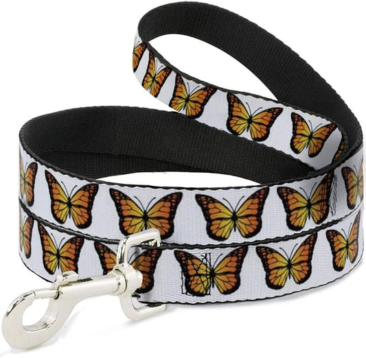 Dog Leash Monarch Butterfly Repeat White 6 Feet Long 1.0 Inch Wide