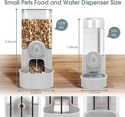 Hanging Cage Automatic Small Pet Food Bowl Water Bottle Dispenser, Detachable Auto Gravity 1.2L Self-Feeding Feeder and 0.52L Waterer Set Kennel Feeding Station for Puppy Cats Rabbit(Grey)