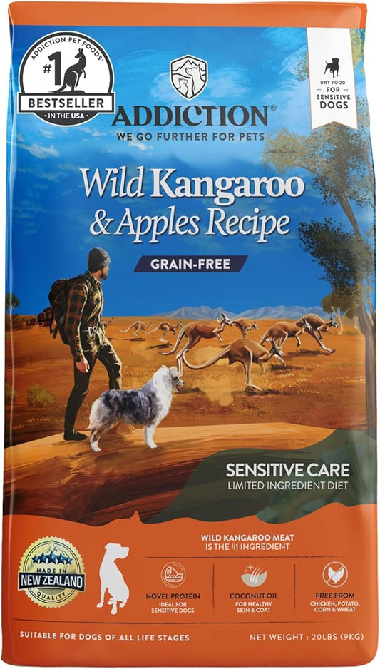Addiction Wild Kangaroo & Apples - Dry Dog Food - Limited Ingredient Novel Protein - Muscle and Weight Management - Grain-Free - Ideal for Dogs with Food Allergies - Crafted in New Zealand 20lb