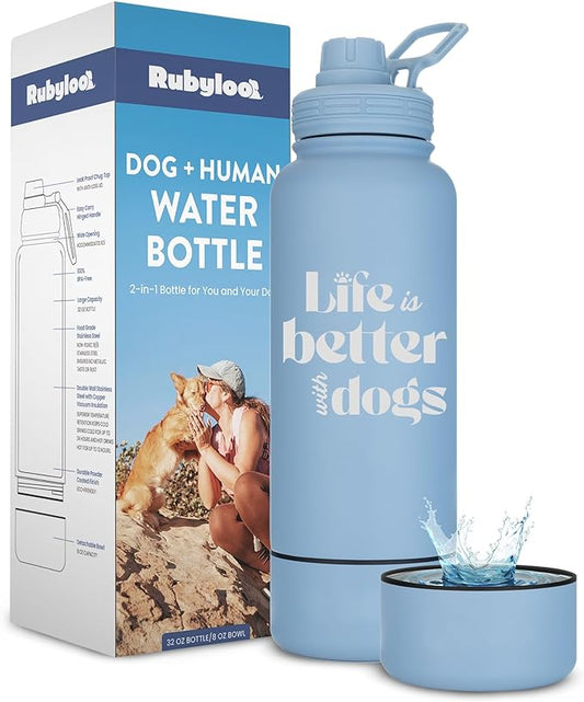 Dog Water Bottle for Dog Lovers - 32 oz Stainless Steel Double Wall Insulated Water Bottle with 8 oz Attached Dog Bowl - Best Dog Mom Gifts for Women - “Life is Better with Dogs” - Dusty Blue