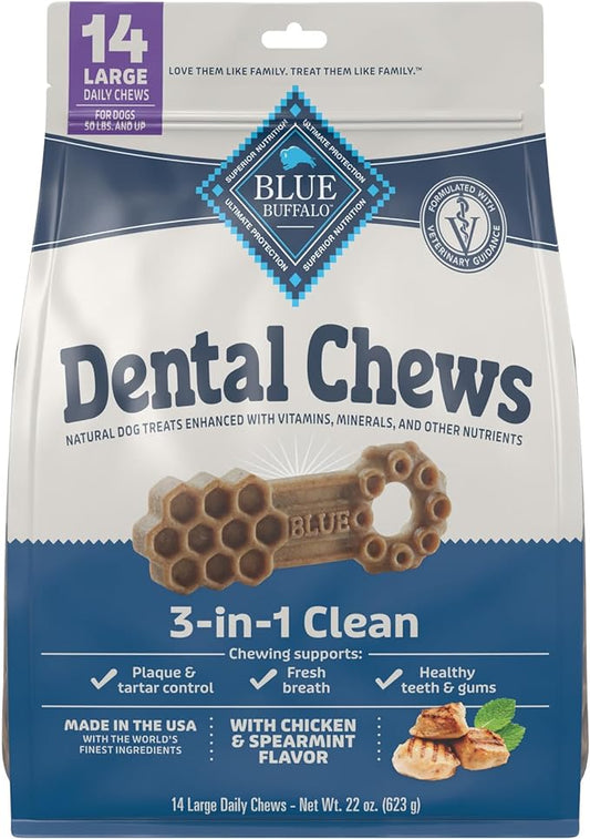 Blue Buffalo Dental Chews Large Natural Dog Treats, Chicken & Spearmint 22-oz Bag (14 Count)