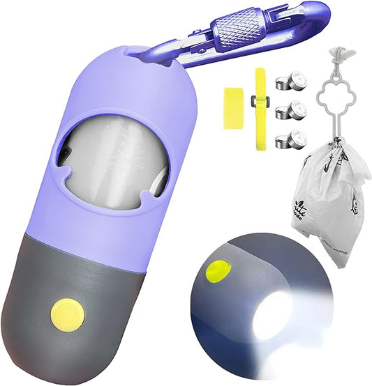 Dog Poop Bag Dispenser with Built-in LED Flashlight and Metal Clip for Leash, Pet Waste Bag Holder, Dog Walking Accessory (Purple)