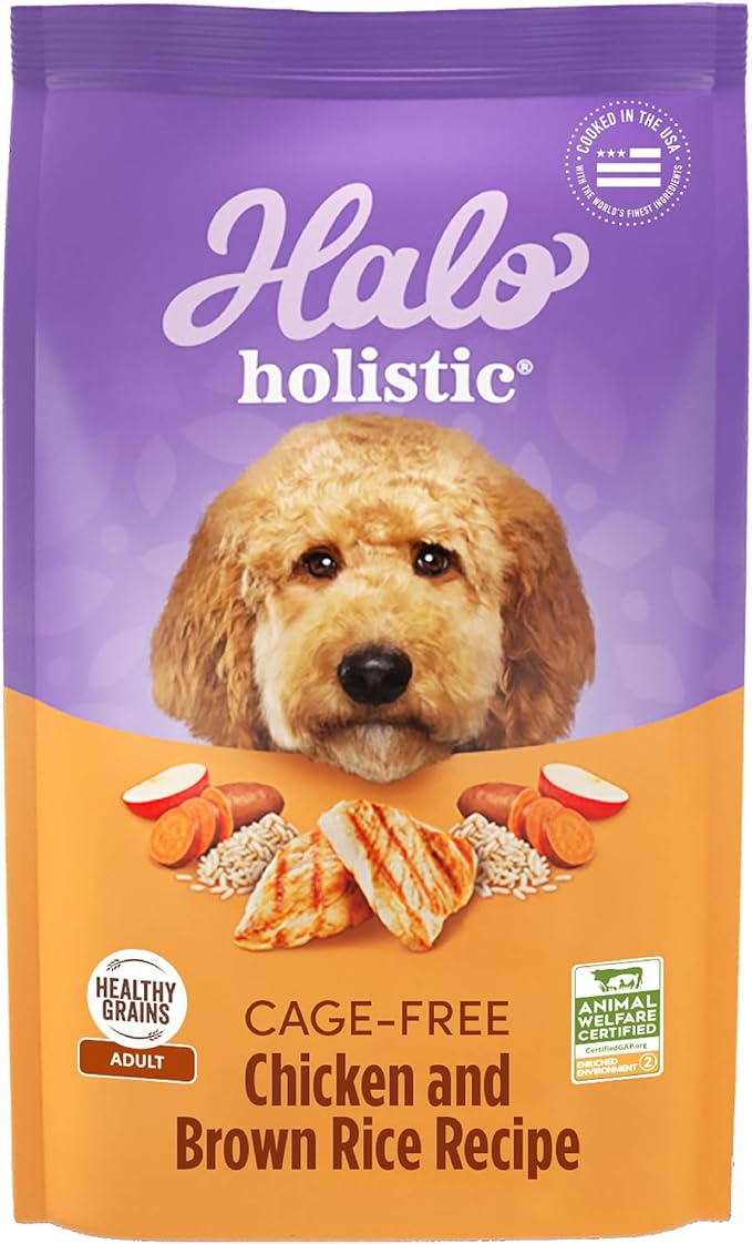 Halo Holistic Dog Food, Complete Digestive Health Cage-Free Chicken and Brown Rice Recipe, Dry Dog Food Bag, Adult Formula, 21-lb Bag