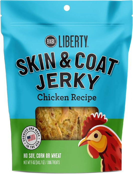 BIXBI Liberty Skin & Coat Support Chicken Jerky Dog Treats 5 oz - USA Made, Grain Free, Antioxidant Rich to Support Shiny, Full Bodied Coats