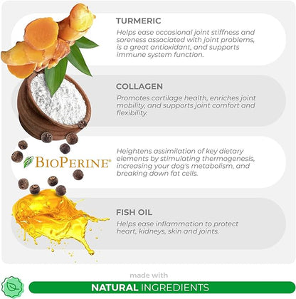 Turmeric Curcumin for Dogs - 90 Soft Chews - with Collagen, BioPerine and Fish Oil - Hip & Joint Support, Ease Inflammation, Antioxidant, Cardiovascular & Liver Support. (Soft Chews)