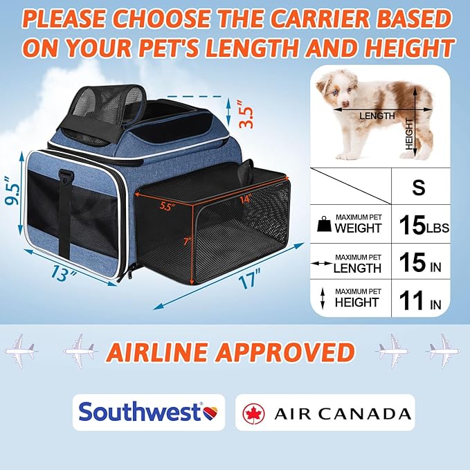 Top and Side Expandable Pet Carrier 17x13x9.5 Inches Southwest Airline Approved, Soft-Sided Carrier for Small Cats and Dogs with Locking Safety Zippers and Anti-Scratch Mesh(Blue)