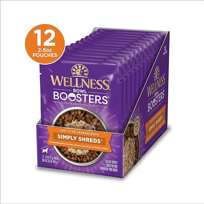 Wellness CORE Simply Shreds Natural Grain Free Wet Dog Food Mixer or Topper, Chicken Liver & Broccoli, 2.8-Ounce Pouch (Pack of 12)