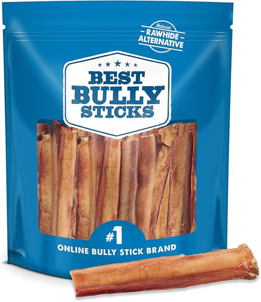 Best Bully Sticks All Natural 6 Inch Thick Bully Sticks for Large Dogs - 100% Free-Range Grass-Fed Beef - Single-Ingredient Grain & Rawhide Free Dog Chews - 18 Pack