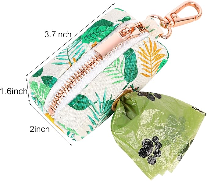 ARING PET Dog Waste Bag Dispenser, Cotton Doggy Poop Bags Holders Attach to Any Leashes, Portable Washable Leaf Pattern Pet Waste Pouch Dispenser with Metal Zipper