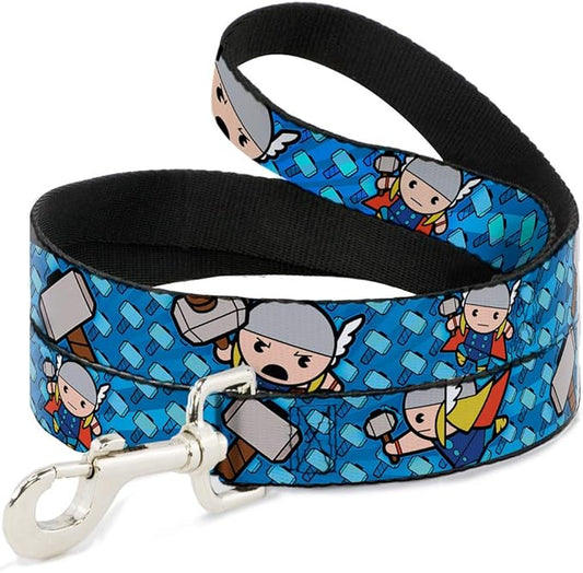 Buckle-Down Pet Leash - Kawaii Thor Poses/Hammer Monogram Blues - 4 Feet Long - 1.5" Wide