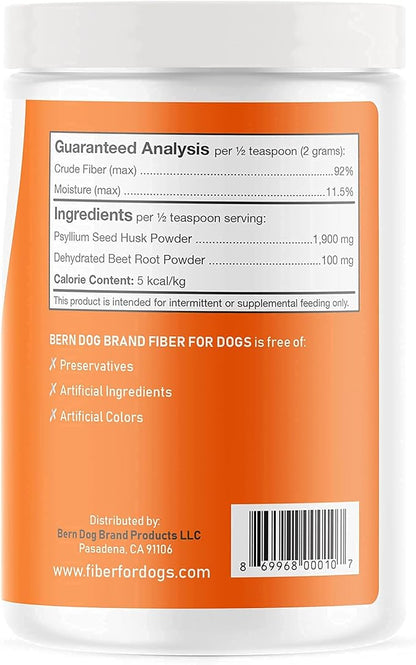 Fiber for Dogs Psyllium Seed Husk Powder & Dehydrated Beet Root Powder Aids a Number of Intestinal Disorders in Dogs Including Diarrhea, Constipation & Anal Gland Issues. Available in 6 and 12 oz.