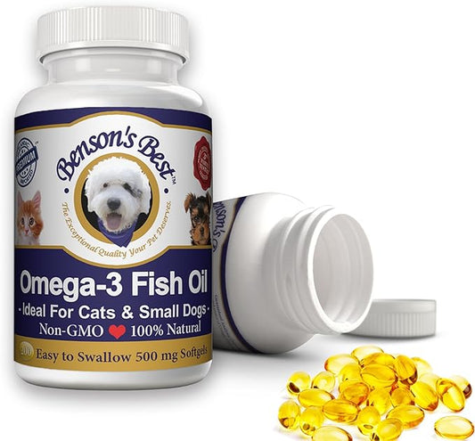 Benson's Best Omega 3 Fish Oil for Cats & Small Dogs - 200 Softgels 500mg - 43% More Omega 3 Fatty Acids Than Salmon Oil - 100% Pure, Non-GMO, Natural Pet Food Dog Fish Oil Supplements