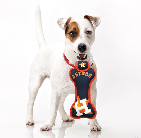 MLB Houston Astros Bone Shaped Dental Dog TUG Toy with Squeaker. Tough PET Toy for Healthy Fun, Teething, and Cleaning pet's Teeth and Gum.