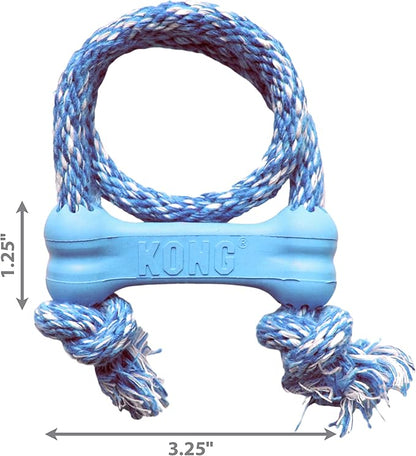 KONG Puppy Goodie Bone with Rope - Dog Chew Toy for Puppies - Natural Rubber Bone Toy with Cotton Rope - Teeth Cleaning Toy for Growing Puppies - for XS Puppies - Blue