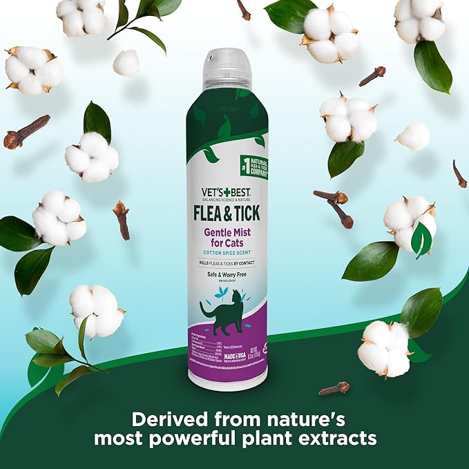 Vet’s Best Flea and Tick Gentle Mist for Cats – Cotton Spice Scent – Plant-Powered Flea and Tick Prevention – Pest Protection for Pets – Gentle Spray – 6.3oz