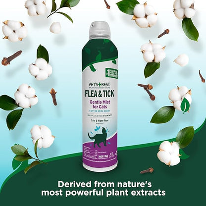 Vet’s Best Flea and Tick Gentle Mist for Cats – Cotton Spice Scent – Plant-Powered Flea and Tick Prevention – Pest Protection for Pets – Gentle Spray – 6.3oz