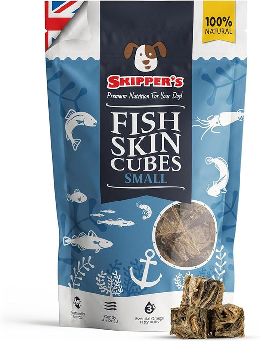 SKIPPER'S Cod Fish Skin Small Jerky Cubes - Gently Air Dried Single Ingredient Cod Skin Dog Treats, Rich in Omega 3 & Grain Free Crunchy Bites, Hypoallergenic & Gluten Free | Great for Teeth (2.5 Oz)
