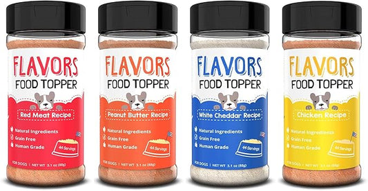 Flavors Food Topper for Dogs - All 4 Recipes Gift Pack - Natural, Grain Free - Perfect Seasoning, Gravy, and Kibble Sprinkle for Picky Dog- 3.1oz Bottles