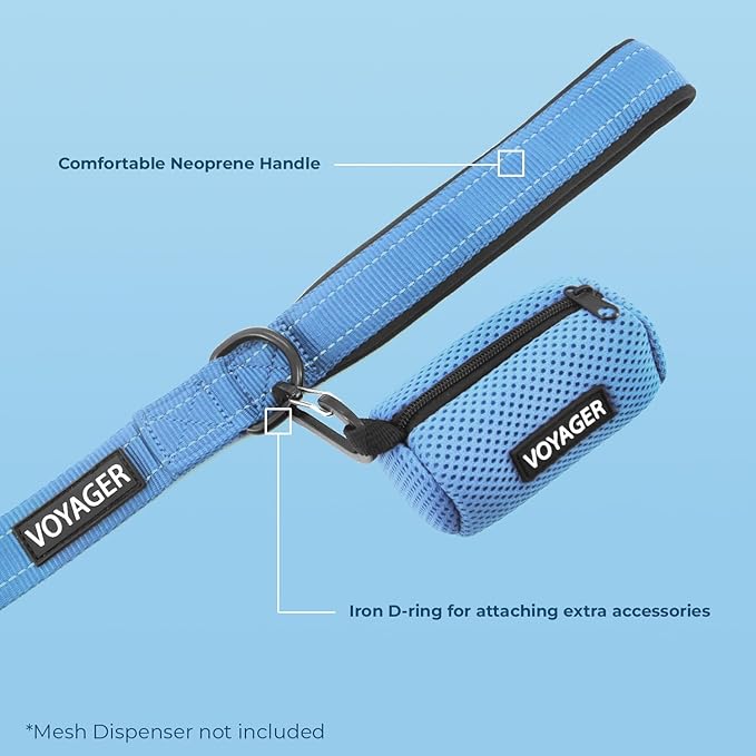 Voyager Reflective Dog Leash Collar Set with Neoprene Handle Supports Small, Medium, and Large Breed Puppies, Cute and Heavy Duty for Walking, Running, and Training - Baby Blue, M