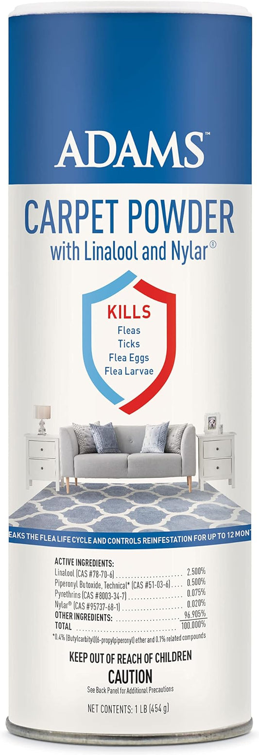 Adams Carpet Powder With Linalool and Nylar, Kills Fleas and Ticks On Contact, Kills All Stages of the Flea Life Cycle, 30 Day Protection, Freshens and Deodorizes, Treats Up to 400 Sq Ft, 1LB