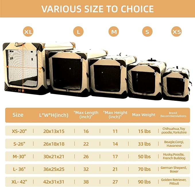 20 Inch Collapsible Dog Crate for Small Dogs, 4-Door Foldable Soft Dog Kennel with Chew Proof Mesh Windows, Indoor & Outdoor Travel Dog Crate, Soft Side Dog Crate,Beige