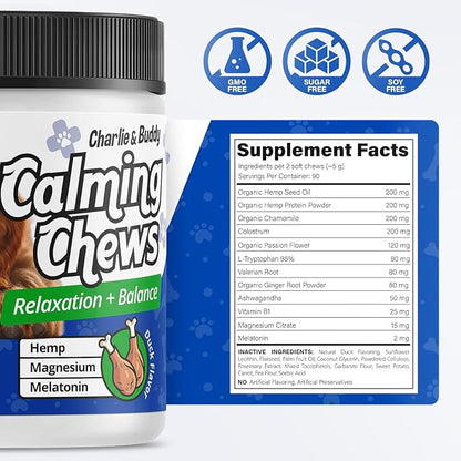 Charlie & Buddy Calming Chews for Dogs, Dog Anxiety Relief, Promote Relaxation, Dog Calming Chews with Melatonin for Dogs, Chamomile, Magnesium Citrate, 90 Soft Chews, Duck Flavor